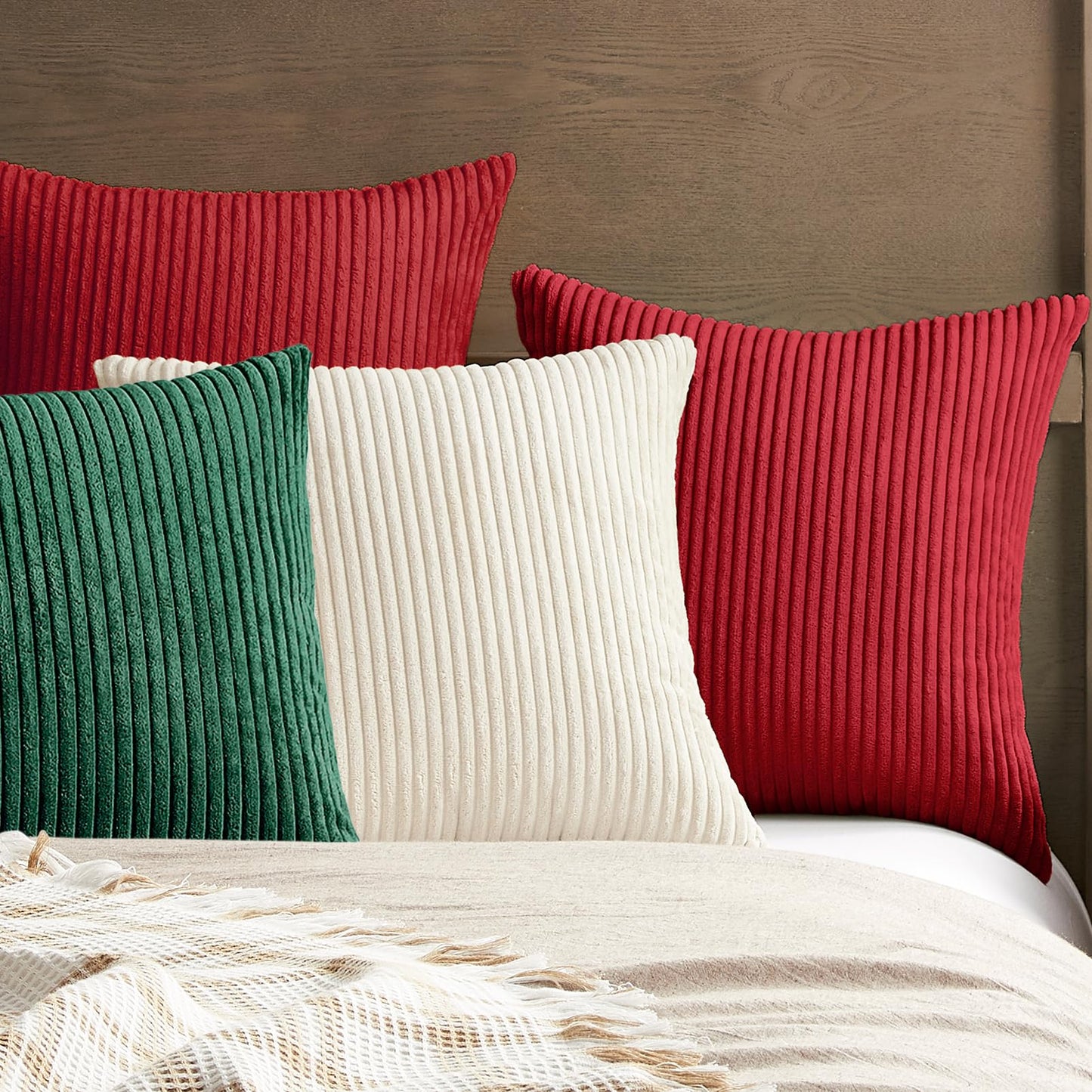 Softalker Christmas Decorative Pillow Covers 18x18, Set of 4 Soft Striped Corduroy Throw Pillow Cover for Holiday, Square Accent Pillow Cases Decor for Sofa Couch Cushion Living Room, Red Green