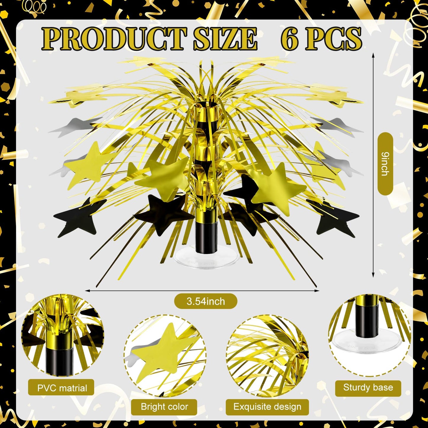 Memorywuu 6 Pcs Black and Gold Centerpieces for Tables Star Party Decorations Metallic Foil Spray Centerpieces for Birthday Event Photo Booth Props, 8.7 Inch Tall