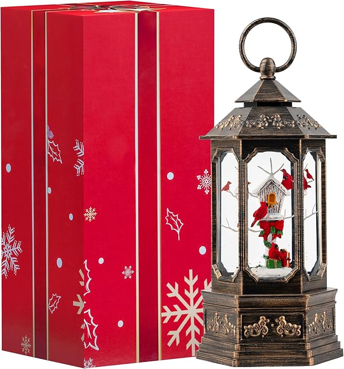 Christmas Snow Globe Lantern Water Glittering 11.6'' Cardinal & Birdhouse with Music & Timer, USB Lined/Battery Operated Lighted Lantern for Christmas Festival Decoration Gifts
