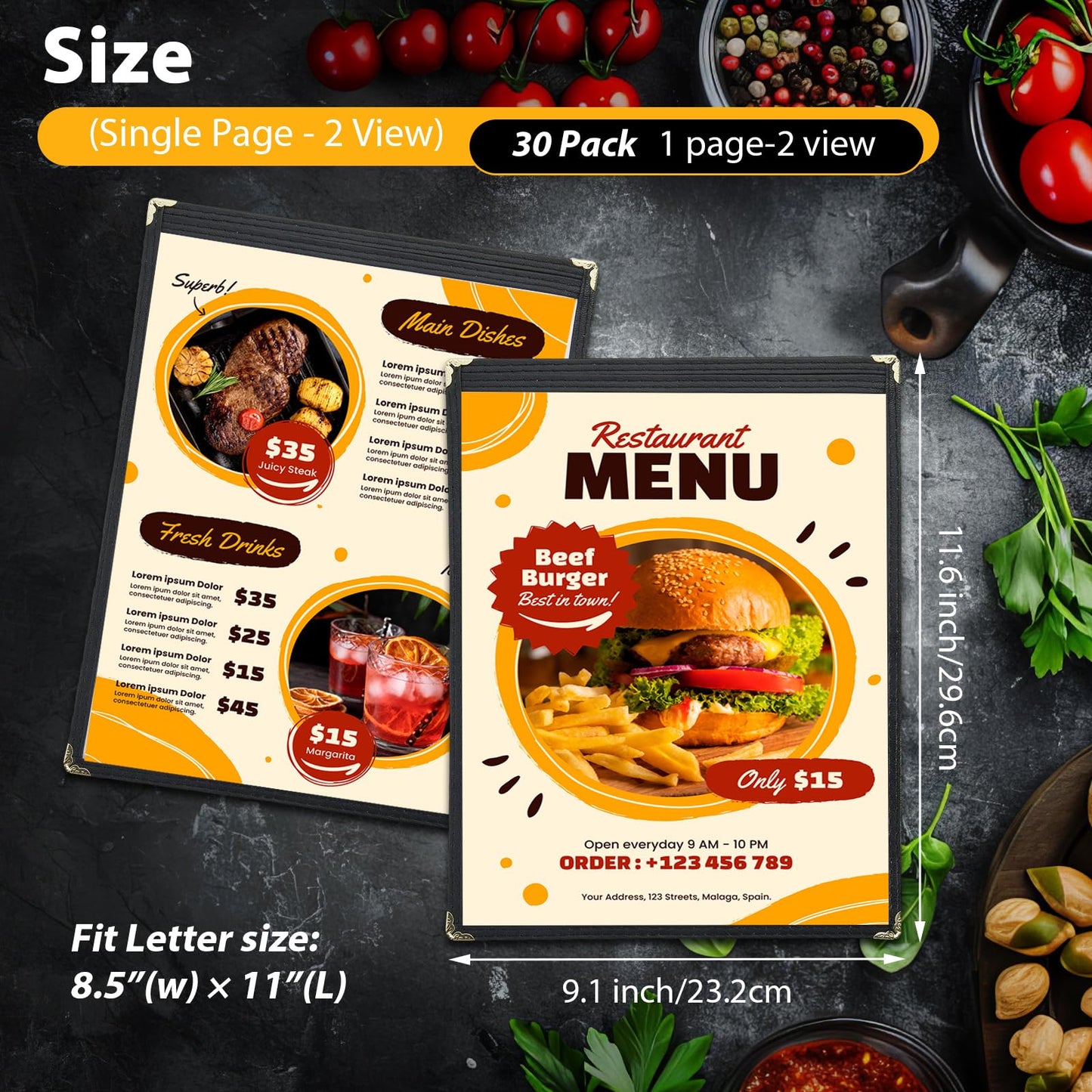 FLKQC Menu Covers 8.5 x 11 | Pack of 30 Restaurant Recipe Menu Covers Transparent Restaurant Menu Covers for Kitchen, Drink, Wine Menu Covers Black (8.5"x 11" (1 Page, 2 View))