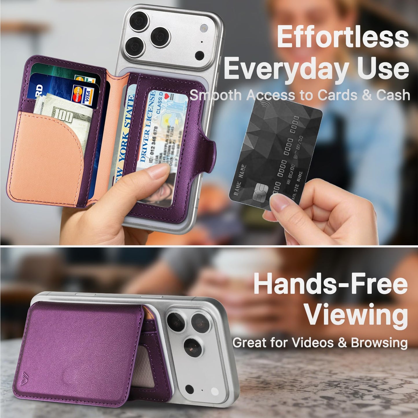 MEFON for MagSafe Wallet, Magnetic Phone Wallet RFID Blocking, Slim 5-8 Card Holder with Cash Slot & Clear ID Window, Minimalist Mag Safe Wallets for iPhone 17/16/15/14/13/12 Series, Amethyst Purple