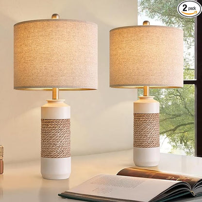 OYEARS 23.75" Bedside Table Lamps Set of 2 for Sleeping and Reading, Vintage Farmhouse Rattan Table Lamp Antique White Resin Lamp for Decoration, Office Living Room Bedside Table