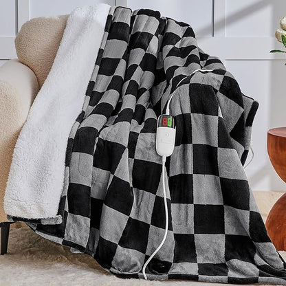 Heated Electric Blanket Twin Size, 62X84 Heating Blanket with 10 Heat Level & 8 Hours Auto Off, Black Gray Checkered Plaid Soft Fleece Sherpa Blankets Warmer Gifts for Couch Grandma Women Adults