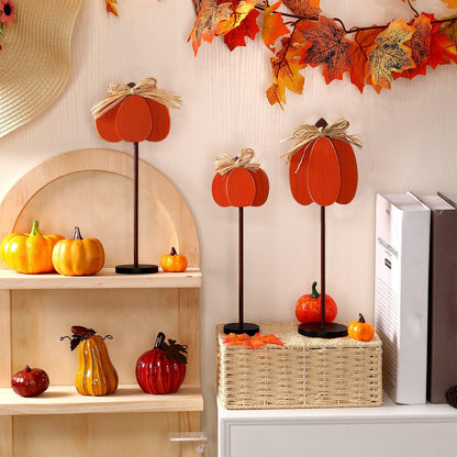Thyle 3 Pcs Thanksgiving Pumpkin Table Centerpieces Wood Harvest Table Decorations for Home Standing Block Tall Sign with Bow for Home Decor(Orange)