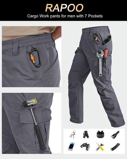 Rapoo Cargo Work Pants for Men Hiking Tactical Military Army Pants for Men with Multi Pockets Water Resistant Mens Ripstop Construction Breathable Pants Grey 42Wx30L