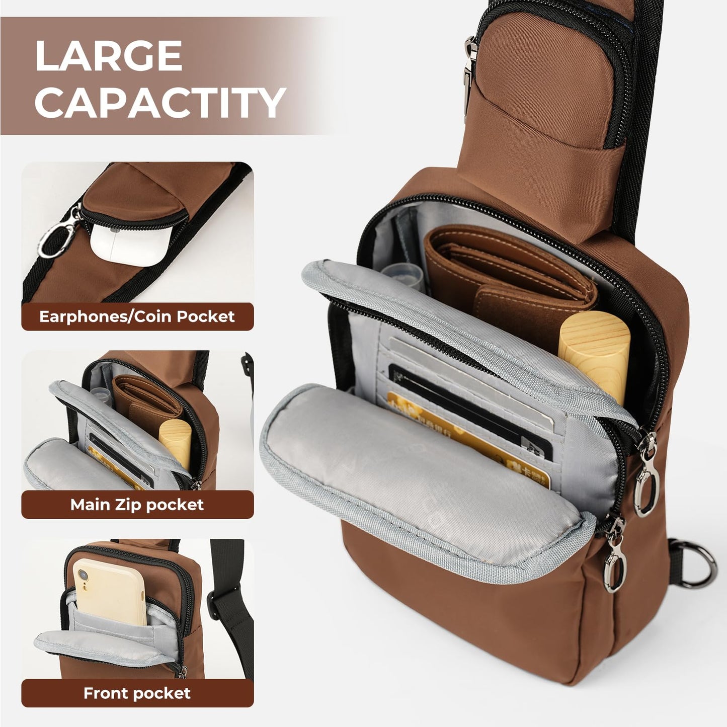 BROADREAM Sling Bag, Crossbody Bag with Anti-Theft Lock Zipper, RFID Blocking & Water Resistant for Travel Work Sport (Brown)