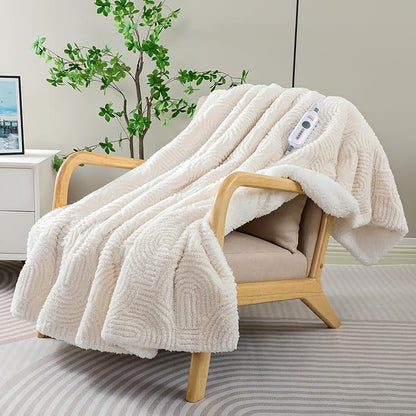 Heated Blanket Twin Size- 62"x84" Cozy Soft Jacquard Heating Blanket with 4 Heat Levels & 4 Hours Auto-Off, Jacquard Fleece, Overheating Protection, Warm Gifts, Cream