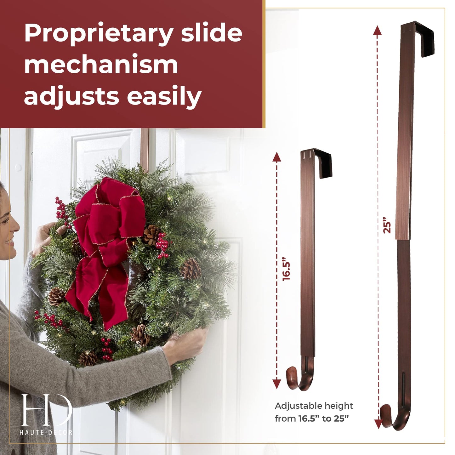 Haute Decor Adjustable Length Wreath Hanger with Removable Icon (Oil-Rubbed Bronze - Fleur De Lis) - Metal Over The Door Wreath Hanger for Front, Back, Interior Doors
