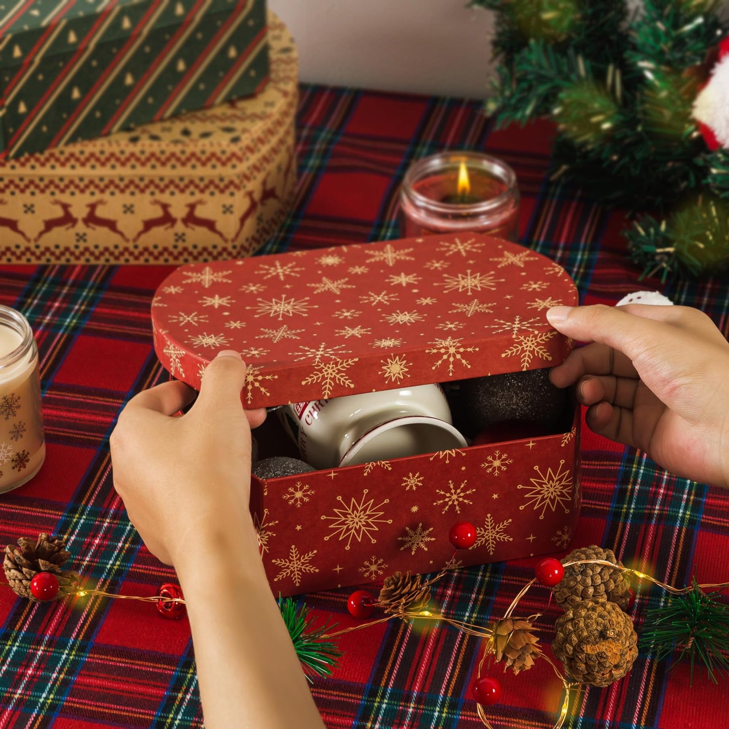 Soul & Lane Christmas Gift Boxes with Lids, Set of 3 Retro Kraft Holiday Decorative Boxes, Nesting Cardboard Festive Storage for Presents and Décor