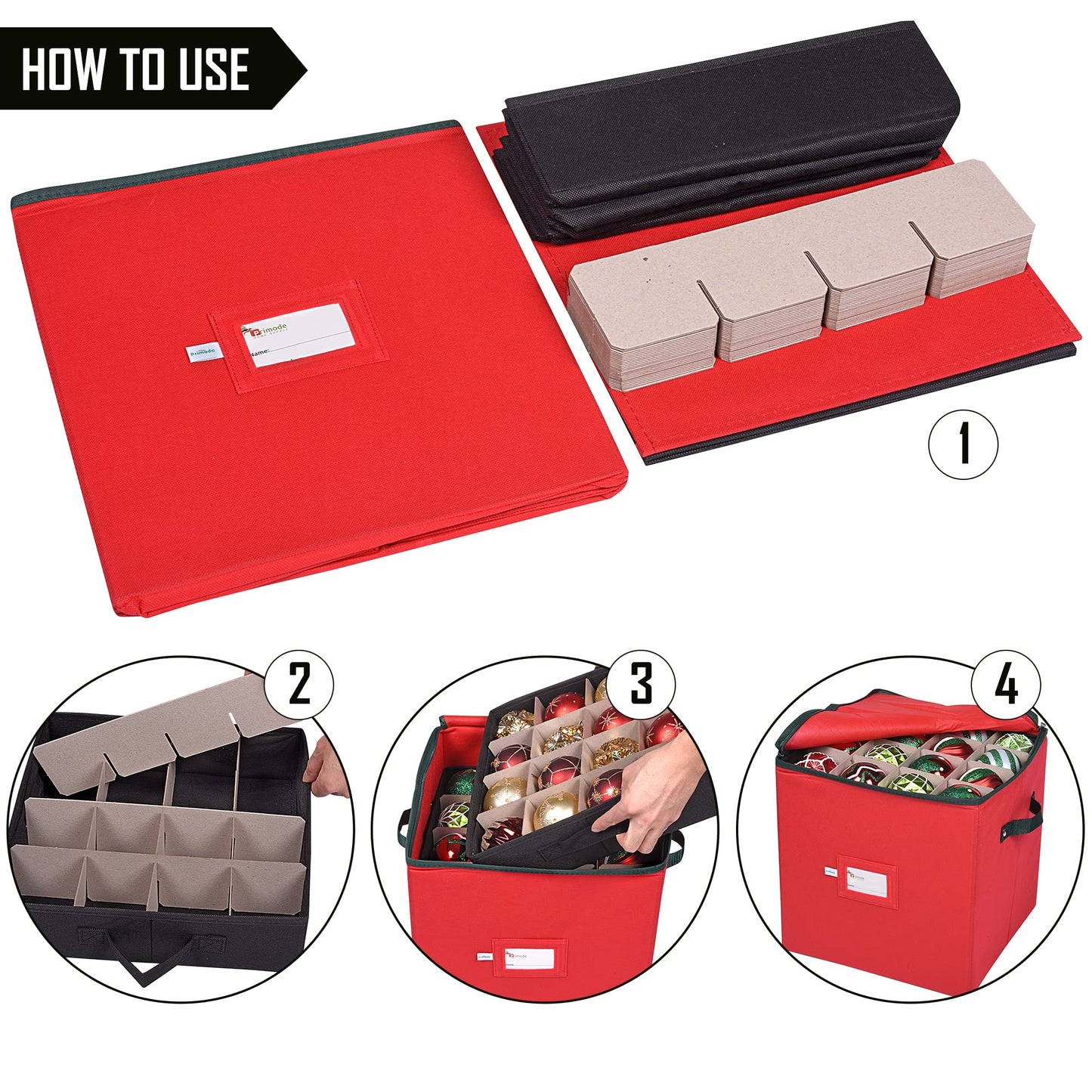 Primode Christmas Ornament Storage Box, 4 Individual Trays Xmas Storage Container, Fits 64 Ornaments Decoration Balls, Constructed of Durable Polyester Material (Red)
