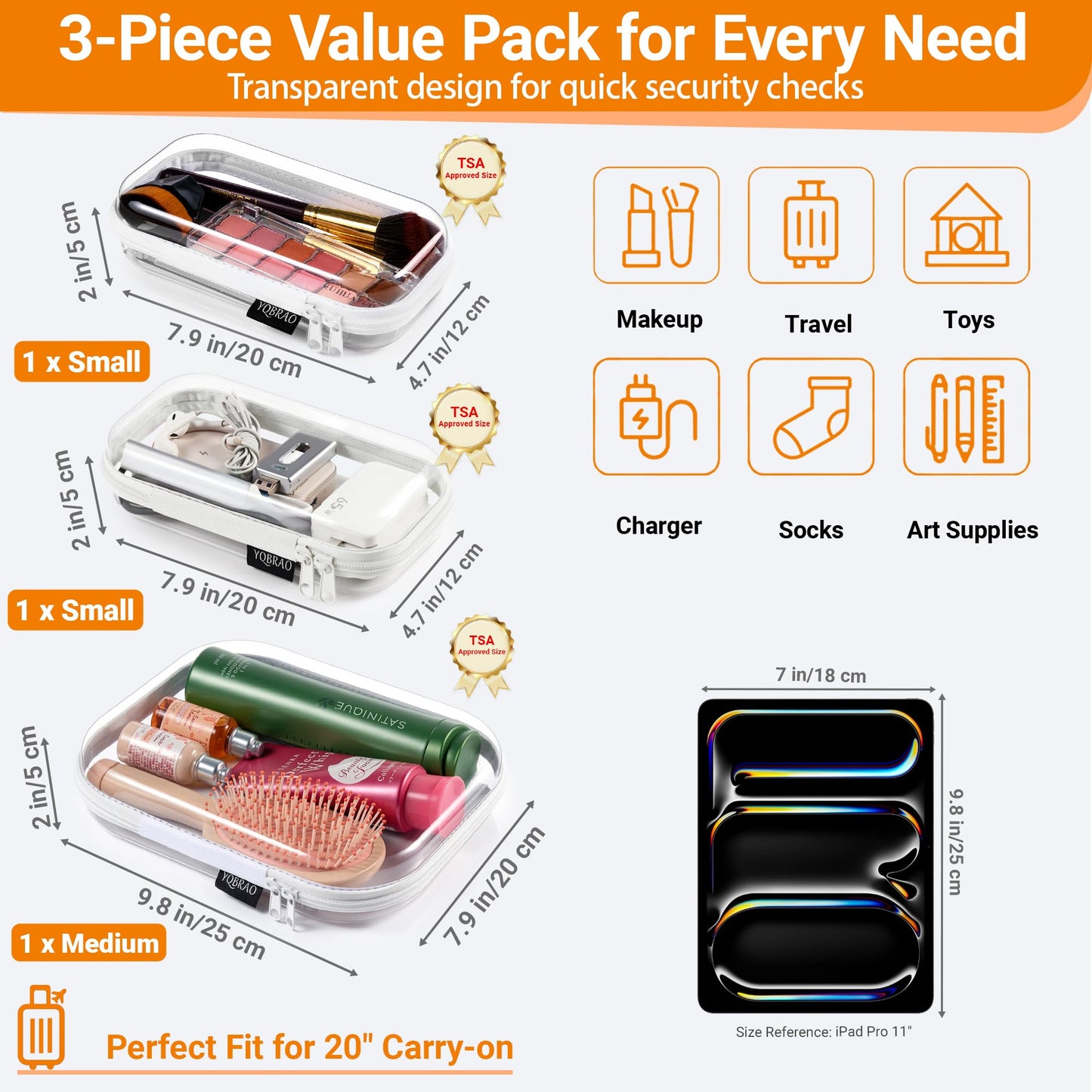 YQBRAO 3 Pack Clear Hard Shell Zipper Case,Rigid Protection Diaper Bag Organizer Pouches, TSA Approved Toiletry Bag with YKK Zippers for Cosmetics, Toys & Electronics