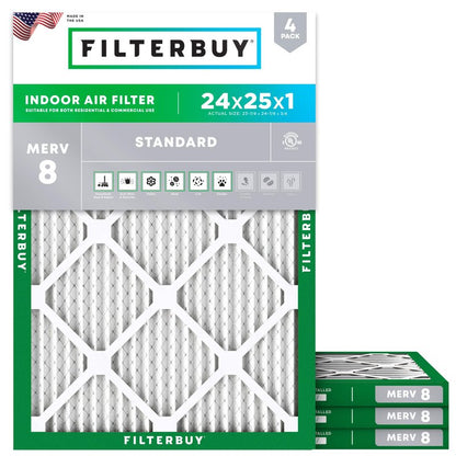 Filterbuy 24x25x1 Air Filter MERV 8 Essential Dust & Allergy Defense (4-Pack), Electrostatic Pleated HVAC AC Furnace Filters Replacement, Made in USA (Actual Size: 23.88 x 24.88 x 0.75)