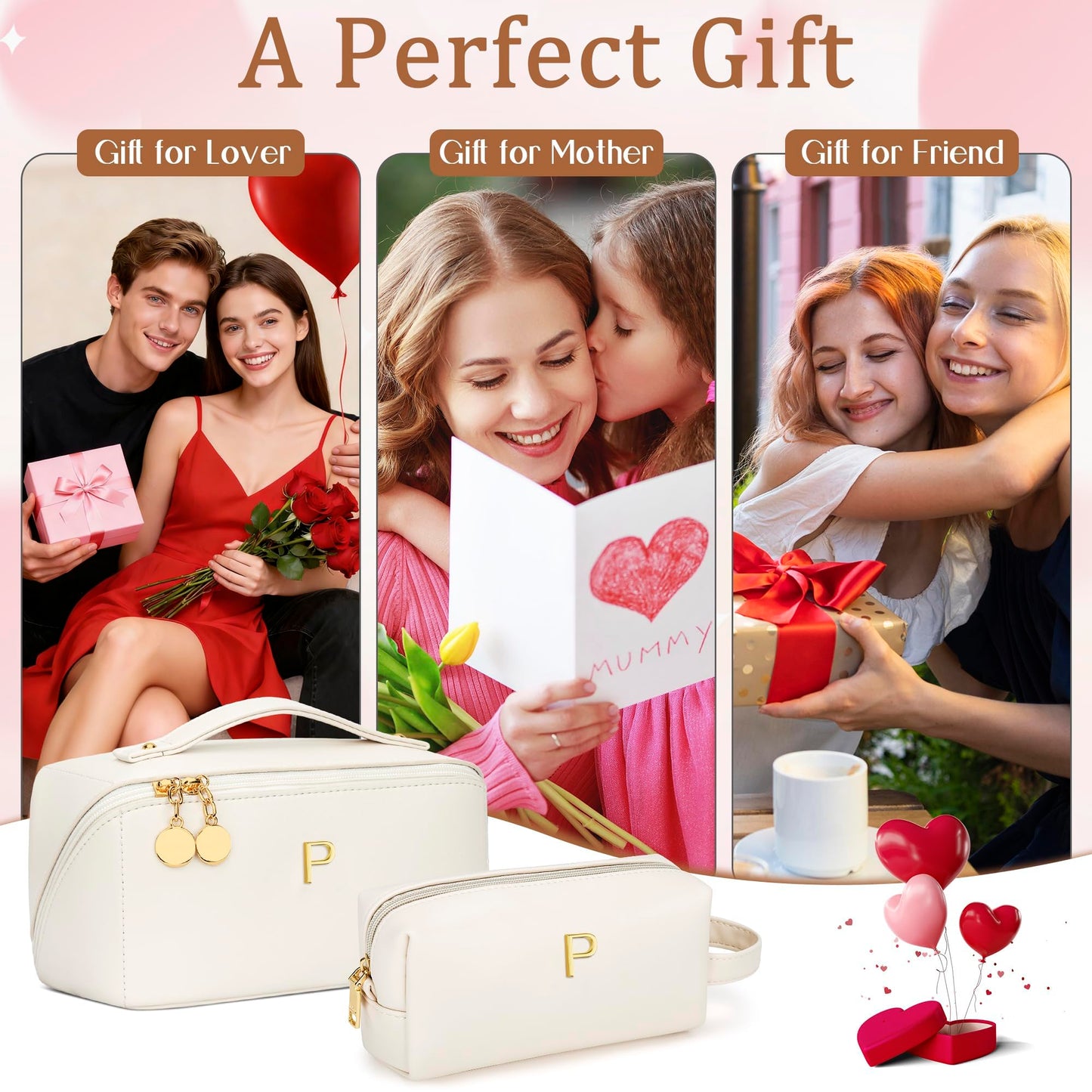 KKXIU Initial Makeup Bag for Women - Personalized Makeup Bag Gifts for Women, Travel Toiletry Bag with PU Leather, Open Flat Design with Top Handle, Cosmetic Bag Set with Multi-Pocket (Beige,P)