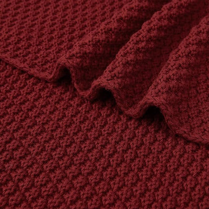 Longhui bedding Wine Red Knitted Throw Blanket for Couch, Cozy Machine Washable 100% Cotton Sofa Knit Blankets, 51 x 63 Inches, Burgundy Color