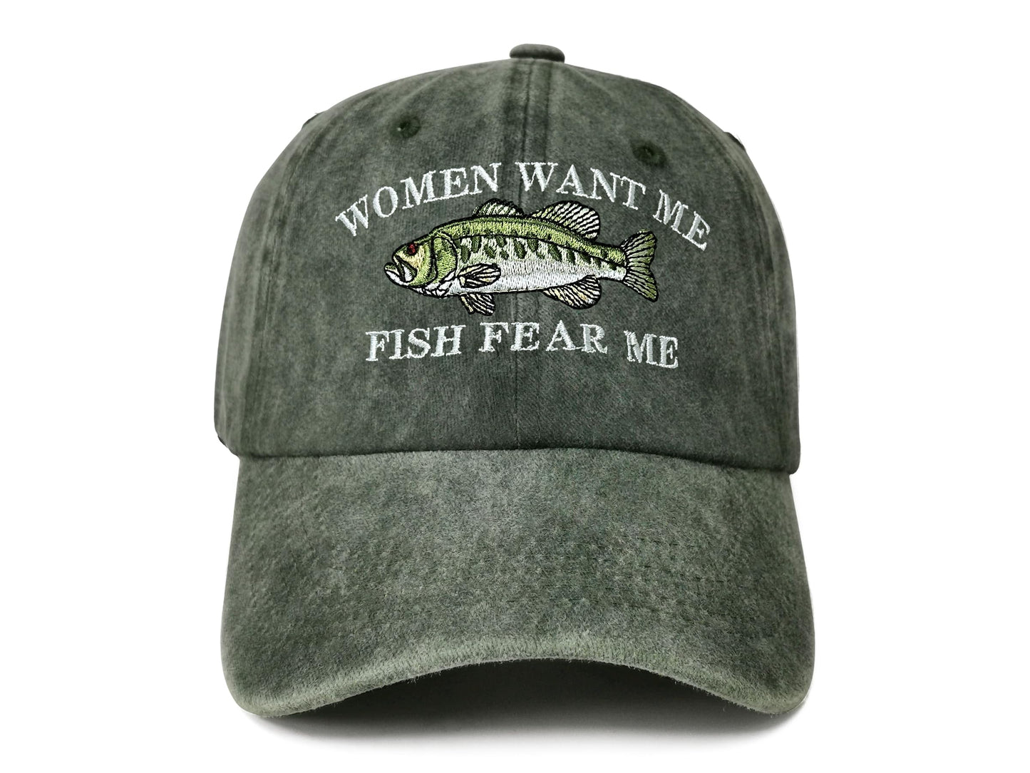 Enodtter Women Want Me Fish Fear Me Hat Trout, Fishing Gifts, Embroidered Army Green Baseball Cap for Men, Adjustable Cotton Dad Hat