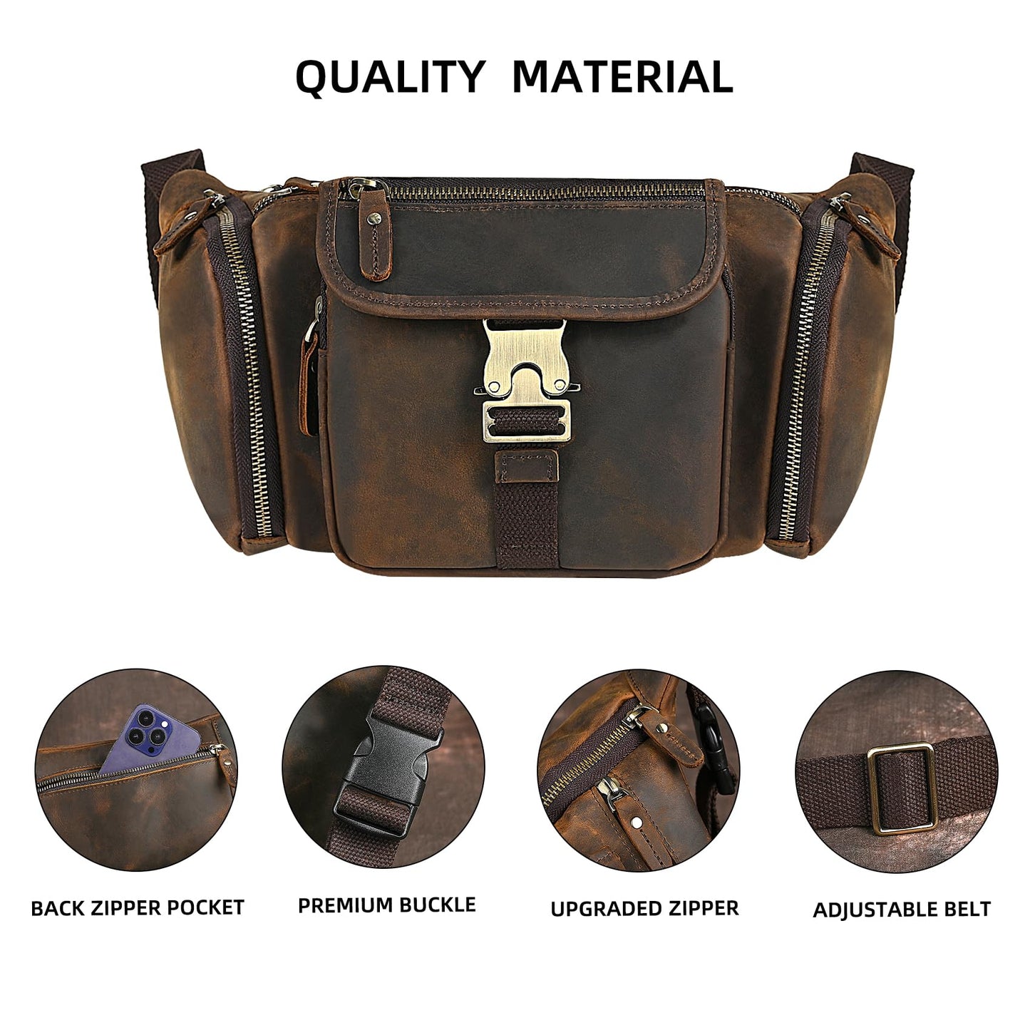 Handadsume Thick Crazy Horse Leather Hiking Riding Travel Outdoor Belt Bag Fanny Waist Pack Small Phone Pouch For Men Women 380 (388 Brown)