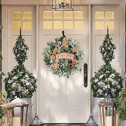 24“ Christmas Wreath Winter Wreath for Front Door with Lamb's Ear Leaves Holly Leaves Berries Gingerbread Decoration Wreath for Farmhouse Indoor Outdoor Holiday Home Decor