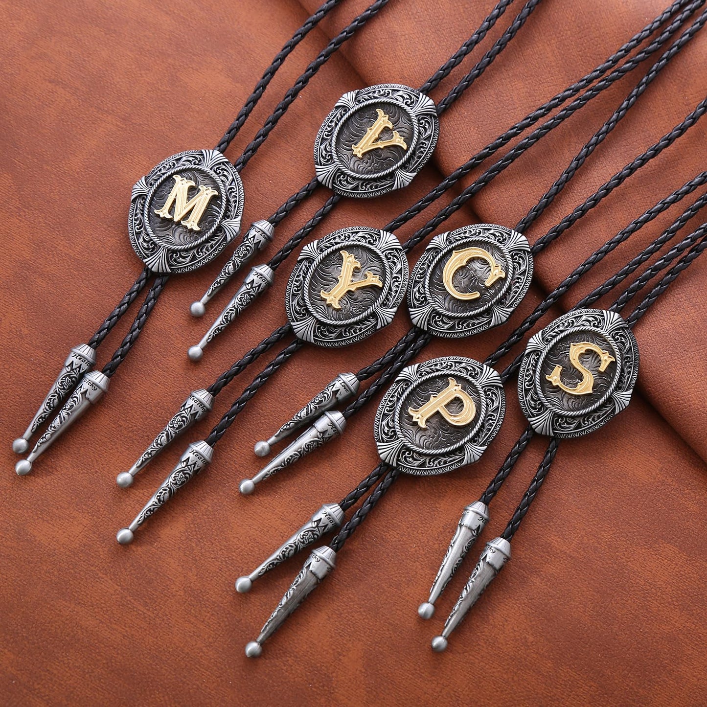 Fibbadet 2Pcs Belt Buckle Bolo Tie Set for Men, Western Cowboy Initial Letters Leather Necktie Belt Buckles for Husband Boyfriend A