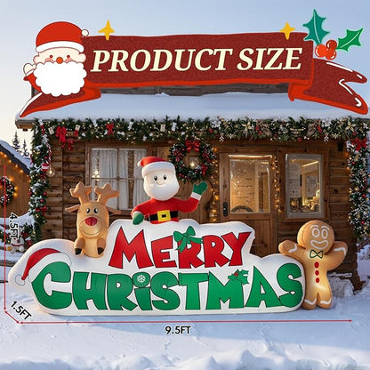 9.5 FT Christmas Inflatable Merry Christmas Sign with Santa, Reindeer & Gingerbread Man, LED Lit in- & Outdoor Decoration for Yard Garden Lawn Winter Decor