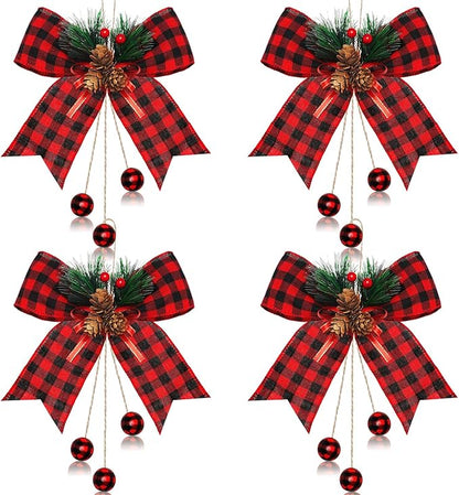 Xinnun 4 Pieces Christmas Buffalo Plaid Bows with Pine Cones Pine Needles Xmas Plaid Bow Ornament Christmas Tree Wreath Decoration for Holiday Parties DIY Crafts Home Decor (Red,Black)