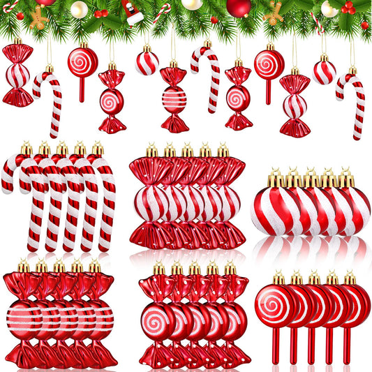 Liliful 30 Pcs Christmas Candy Cane Lollipop Ornaments Set Plastic Holiday Peppermint Candy Home Hanging Ornament Lollipop with Rope for Xmas New Year Party Decor(Red White)