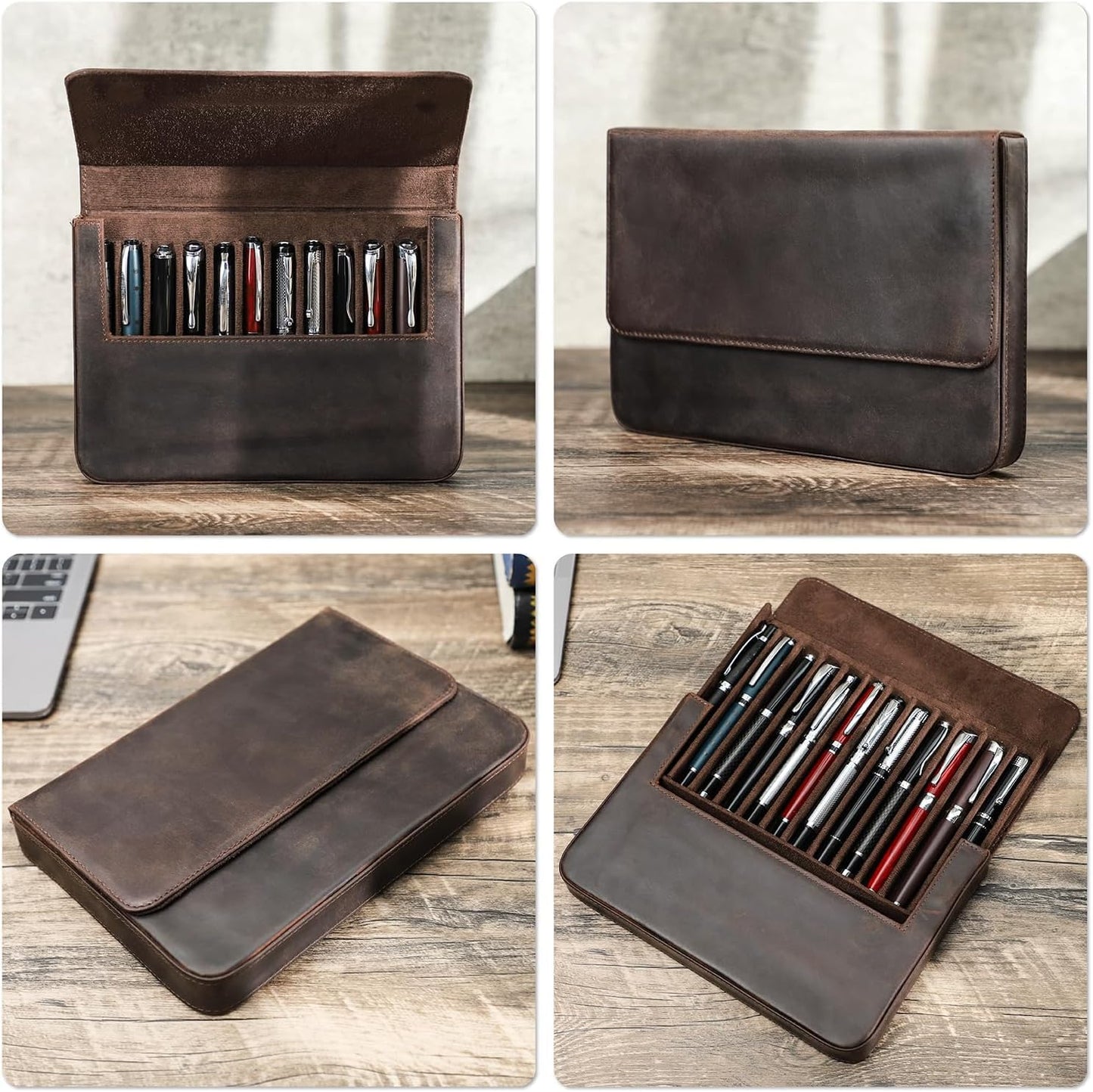 UPRESYE Leather Fountain Pen Case Collector Organizer, Pencil Case Handmade Pen Protective Sleeve (Magnetic 12 slots)