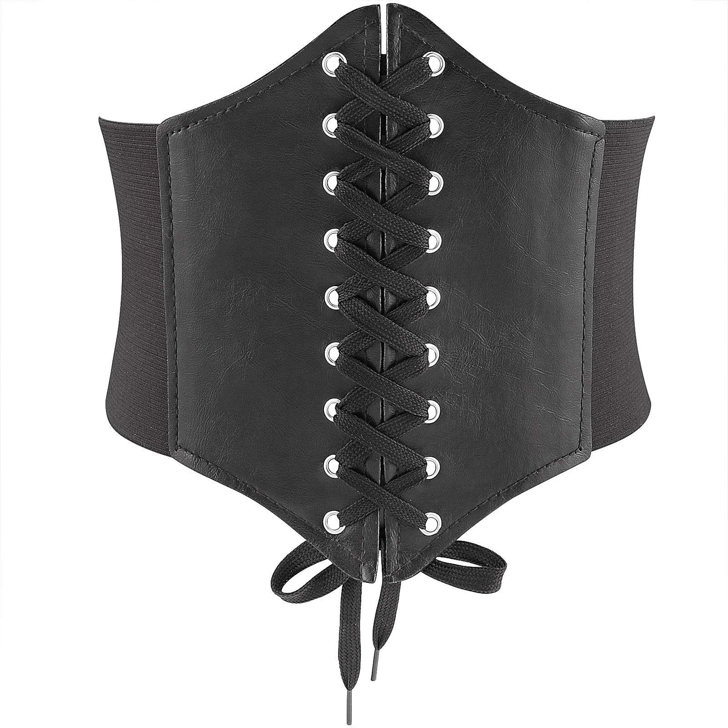 Glamorstar Corset Belt for Women Wide Elastic Tied Waspie Belts Lace-up Leather Waist Belts for Women Dresses 65cm Black
