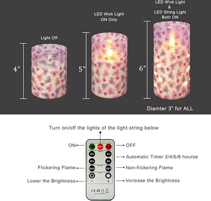 Flickering Flameless CandlesPink Butterfly Print, Embedded Star String Lights, Battery Operated Acrylic LED Pillar Candles with 11-Key Remote and Timer for Home Decoration, 3 Pack