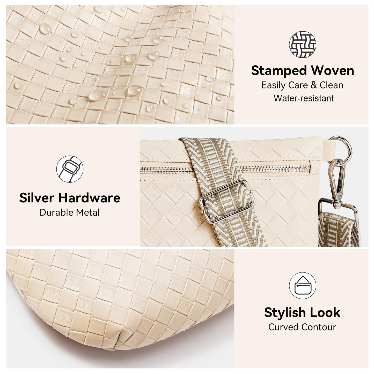 KALIDI Woven Crossbody Bags for Women Travel Vegan Leather Fanny Packs for Woman Cross Body Purse Fashion Belt Bum Bag with Wide Strap