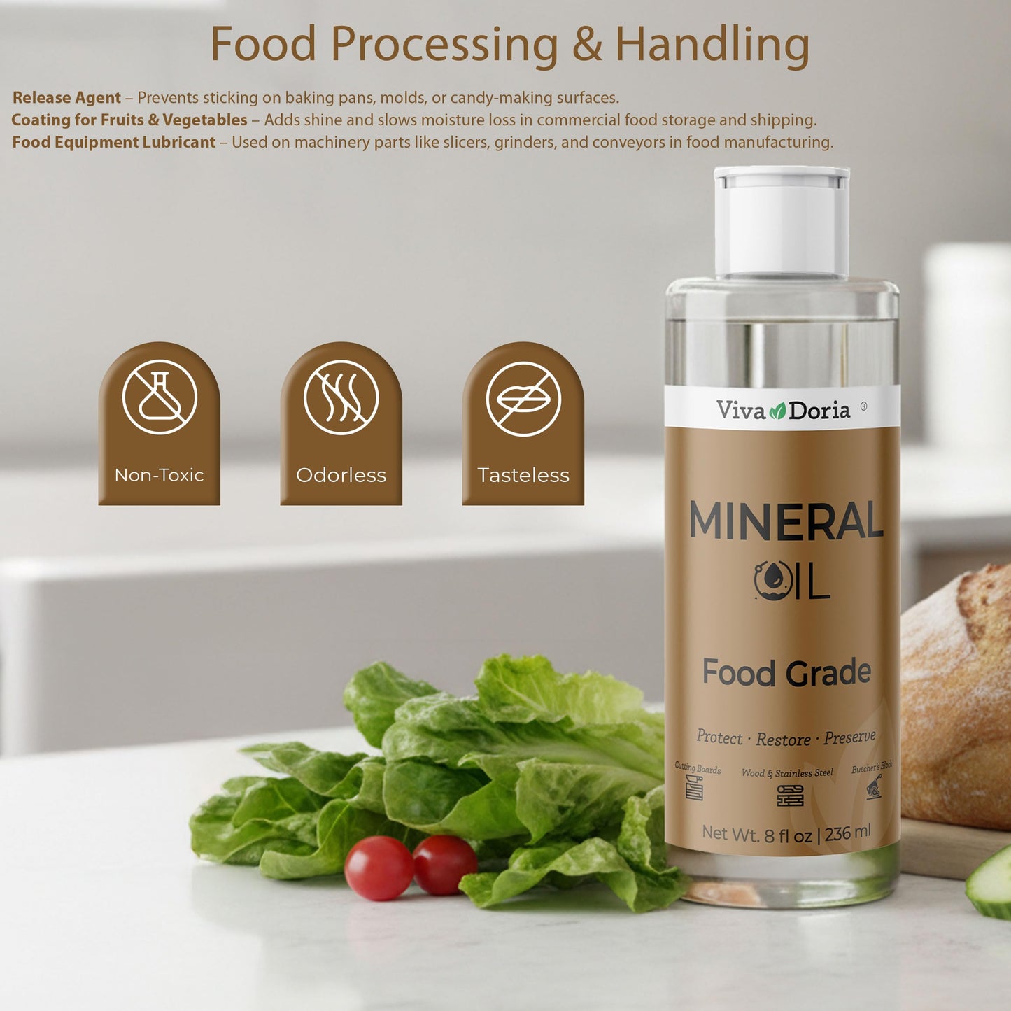 Viva Doria Food Grade Mineral Oil, Conditioner for Wood Cutting Board, Countertop, Butcher Block, Lubricant for Knife and Stainless Steel (8 fl oz)