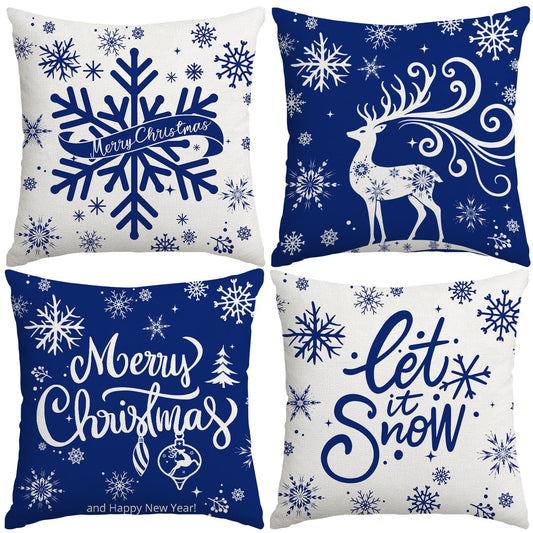 Artmag Merry Christmas Throw Pillow Covers 16x16 inch Snowflakes Let it Snow Moose Winter Holiday Blue Cushion Case for Coach Sofa Decorations Set of 4