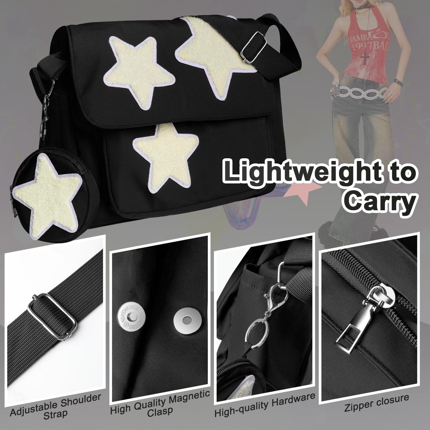 GUSTANO Y2K Messenger Bag for Women, Lightweight Spacious Stars Tote Purse with Cute Coin Purse, Crossbody Bag Shoulder Everyday Bag with Multi Pockets, Chic and Functional (Black)