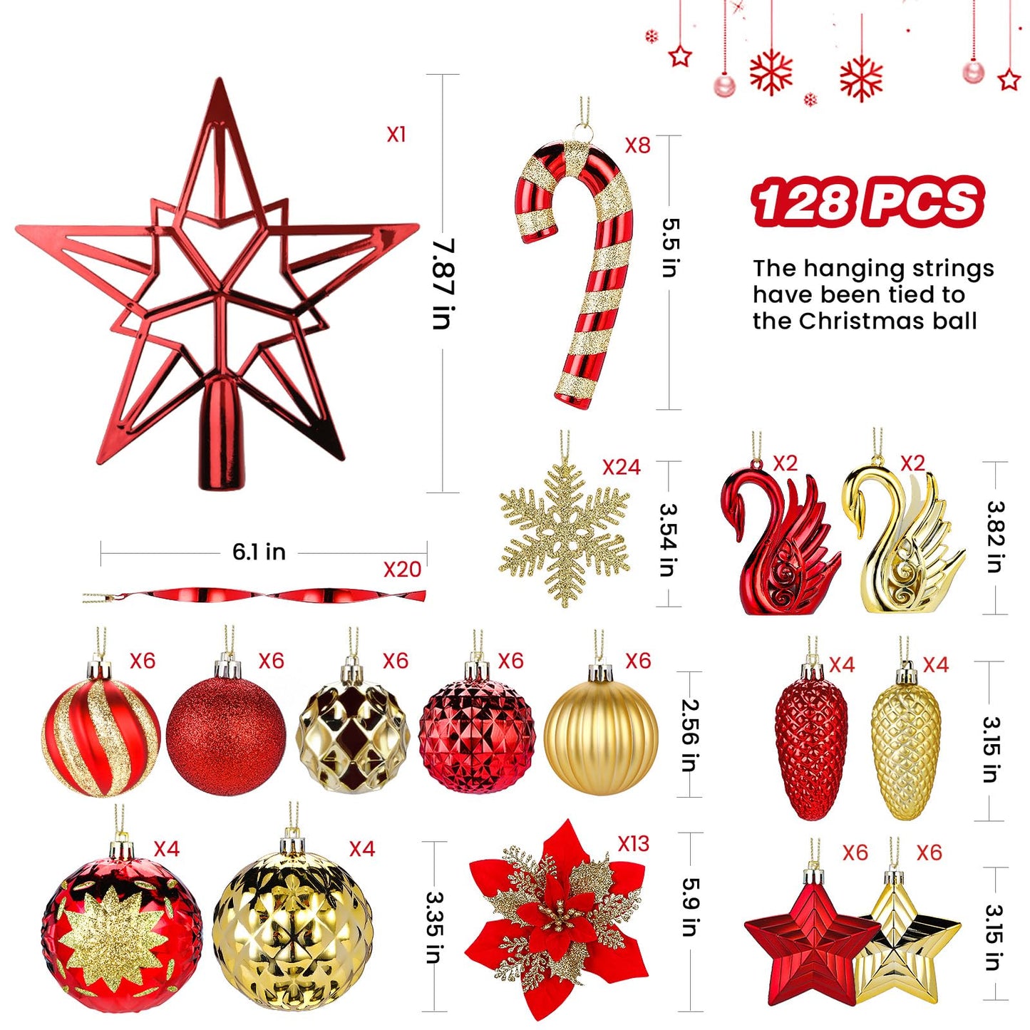Alupssuc 128pcs Christmas Balls Ornaments Set, Shatterproof Plastic Baubles Christmas Flowers and Tree Topper for Xmas Tree Holiday Wedding Party Decorations with Hanging Strings, Red and Gold