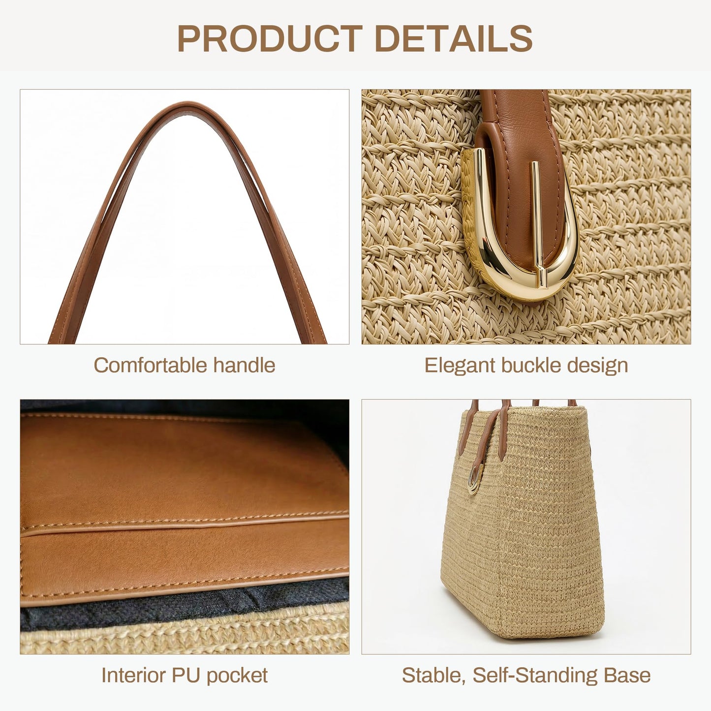CHUNLI Straw Beach Bag for Women, Woven Raffia Summer Tote with Leather Handles, Boho Vacation Resort Shoulder Tote Bag