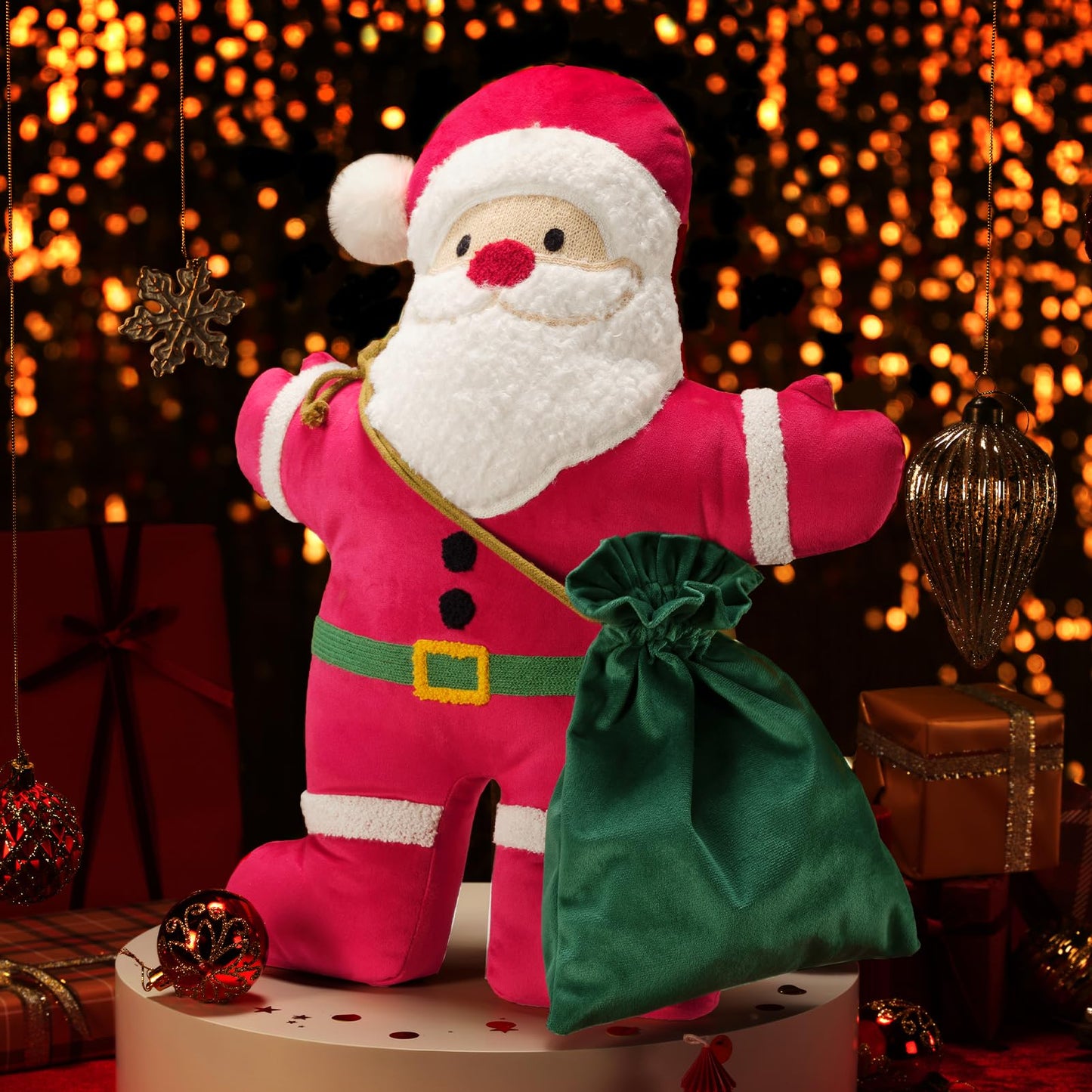 Phantoscope Merry Christmas Throw Pillow, Velvet Santa Claus Shaped Pillow with Sherpa Beard & Gift Bag Plush Xmas Decorative Pillow for Couch, Red, 19.5×16.5 inch