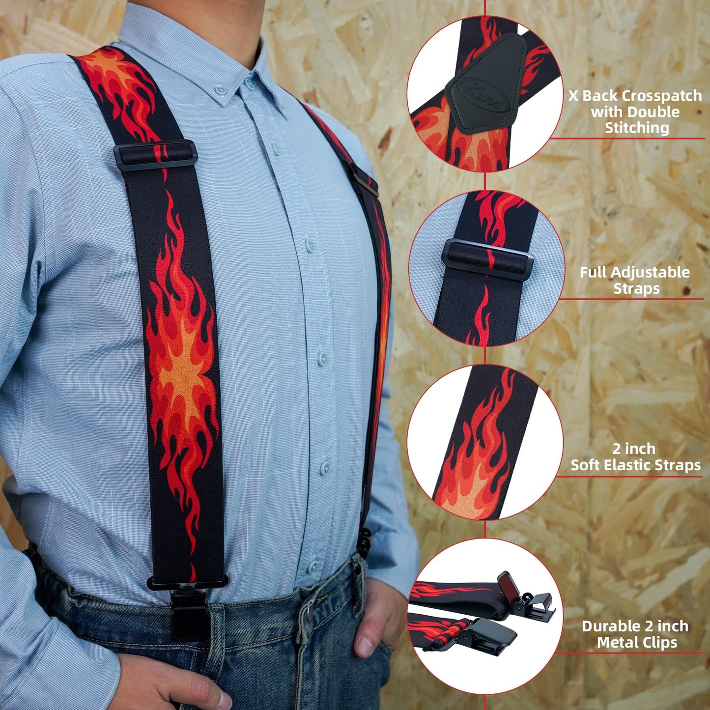 KUNN Suspenders for Men 2Inch Wide Adjustable Elastic Suspender Heavy Duty Clips Work Suspenders