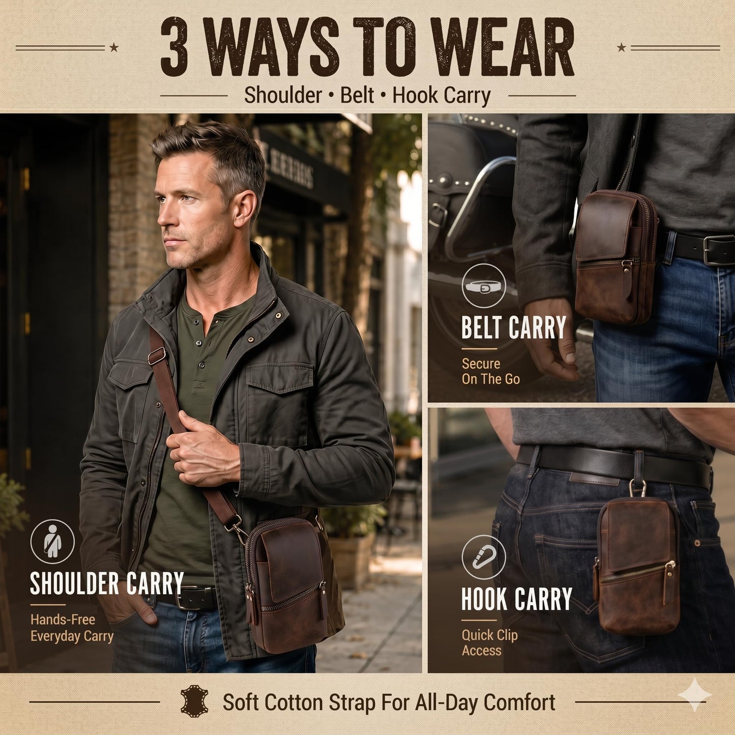 Hengwin Top Grain Crazy Horse Leather Phone Crossbody Bag with Shoulder Strap, Double Layer Cell Phone Pouch with Belt Clip Belt Loop, Multi-Functional Waist Bag Men Purse for Daily & Outdoor (Coffee)