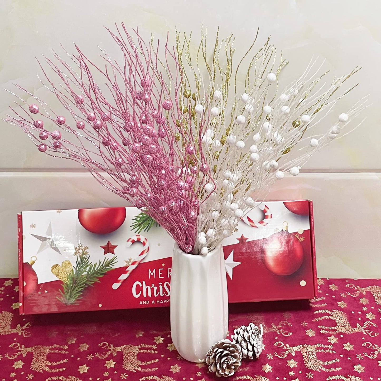 Losris Christmas Artificial Glitter Berry Stem Decorations Decorative Bead Sticks Xmas Picks Glittery Twigs Branches for Christmas Tree Wreath Gift Vase Decor Party Ornaments Black 24 PCS