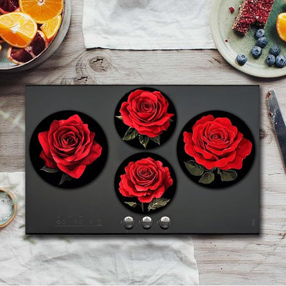 Red Rose Electric Stove Burner Covers，Set of 4 Round Stove Burner Covers，8 Inches and 10 Inches，Gas Stove Burner Covers,Metal Stove Burner Cover，Rose Bloom Cooktop Decorative，Home Decor,Kitchen Decor