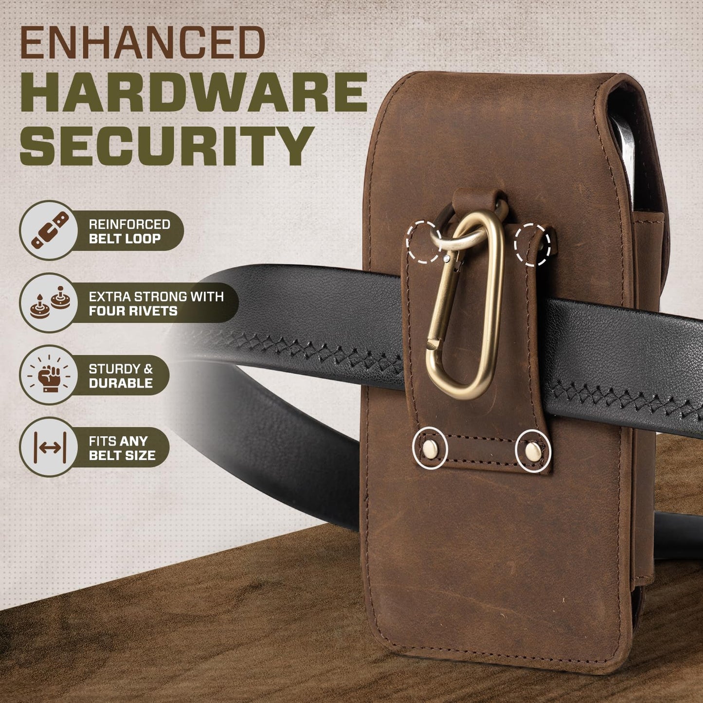 Hengwin Top Grain Crazy Horse Leather Cell Phone Holster Fit for iPhone 17 Pro Max 16 Pro Max 15 Pro Max 14 Pro Max 13 Pro Max Belt Holster Case with Belt Clip Phone Pouch Belt Holder (Retro Brown)