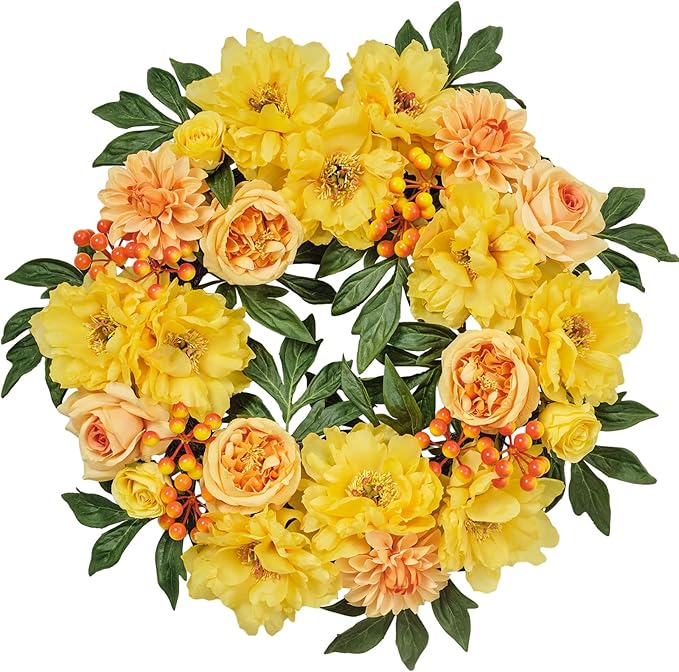 WELL KNOWN Flowering Wreaths for Front Door, Silk Peony Wreath for Front Door Porch & Indoor Wall Window, Fall Winter Wreath for Thanksgiving Farmhouse Party Veterans Day Home Decor (Yellow Orange)