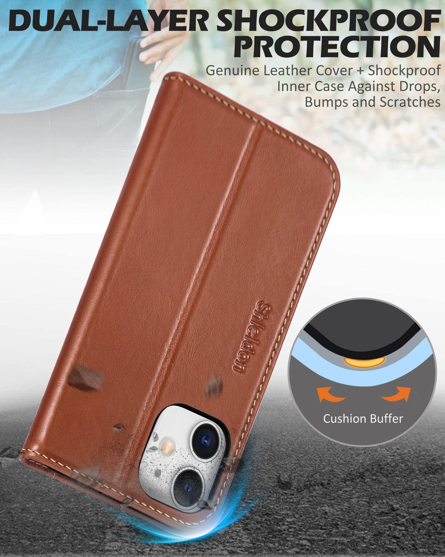 SHIELDON Wallet Case for iPhone 12 5G, Genuine Leather Folio Case Magnetic Shock Absorbing Cover RFID Blocking Credit Card Holder Kickstand Compatible with iPhone 12/12 Pro 6.1" - Retro Brown