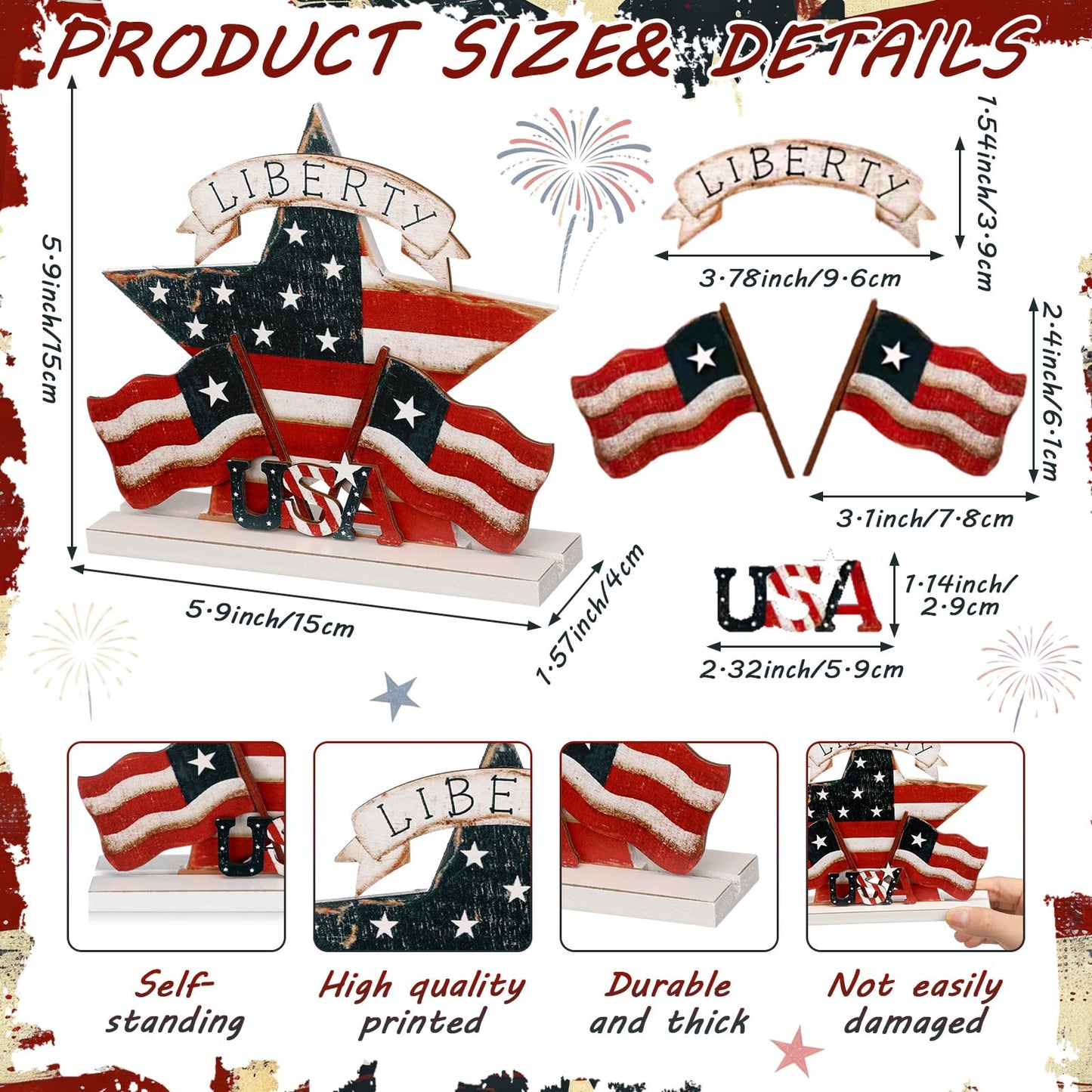 BrightRow 4th of July Wooden Star Table Decor Red White Blue Patriotic USA Liberty Star American Flag Tabletop Sign 250th Anniversary Rustic Table Tiered Tray Decor for Independence Day Memorial Day