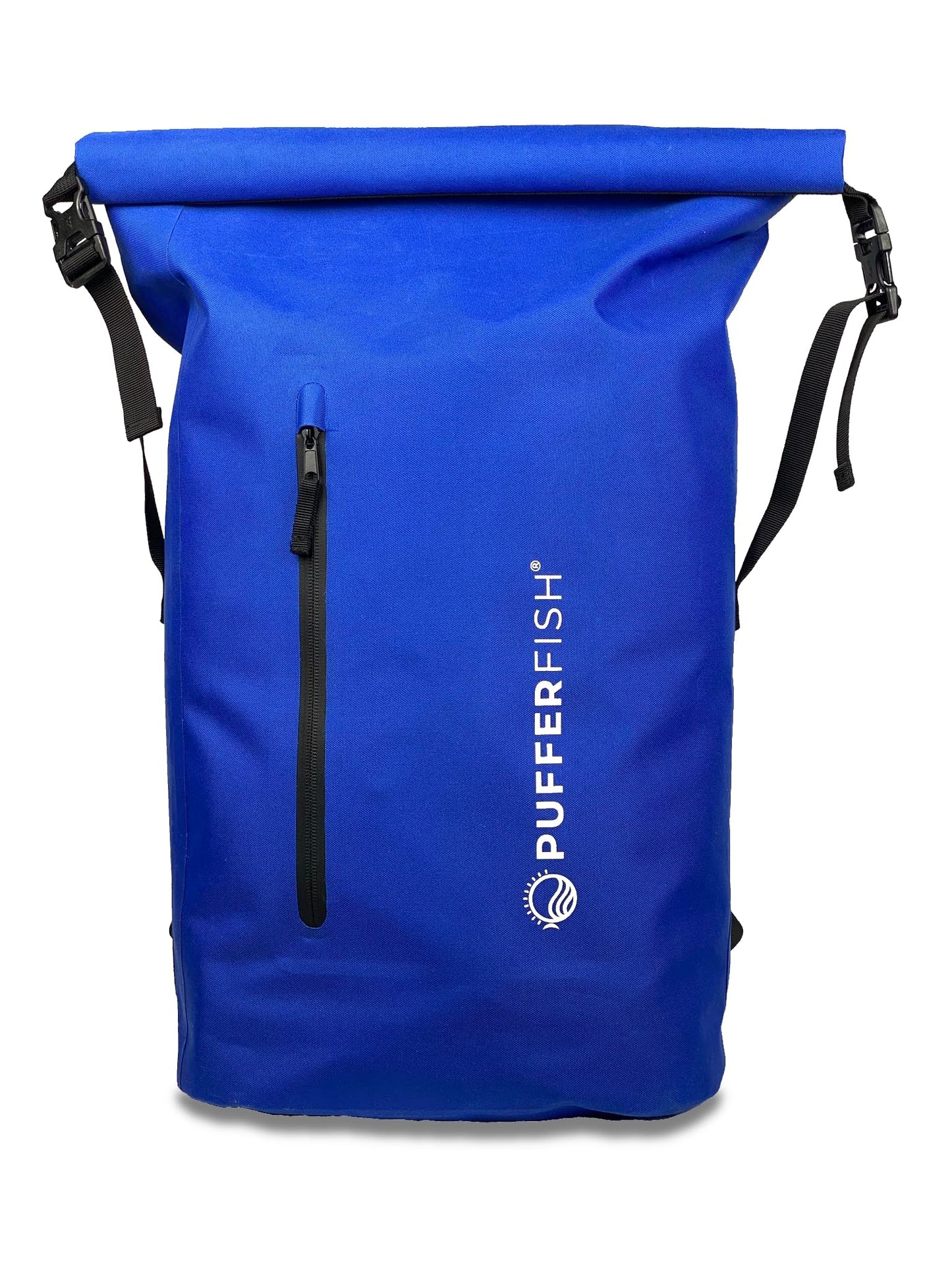 PUFFERFISH 35L Waterproof Roll-Top Beach Backpack - Sandproof Dry Bag Daypack for Beach, Pool, Boat & Travel - Padded Back & Straps, Multiple Pockets, Recycled Plastic, Blue