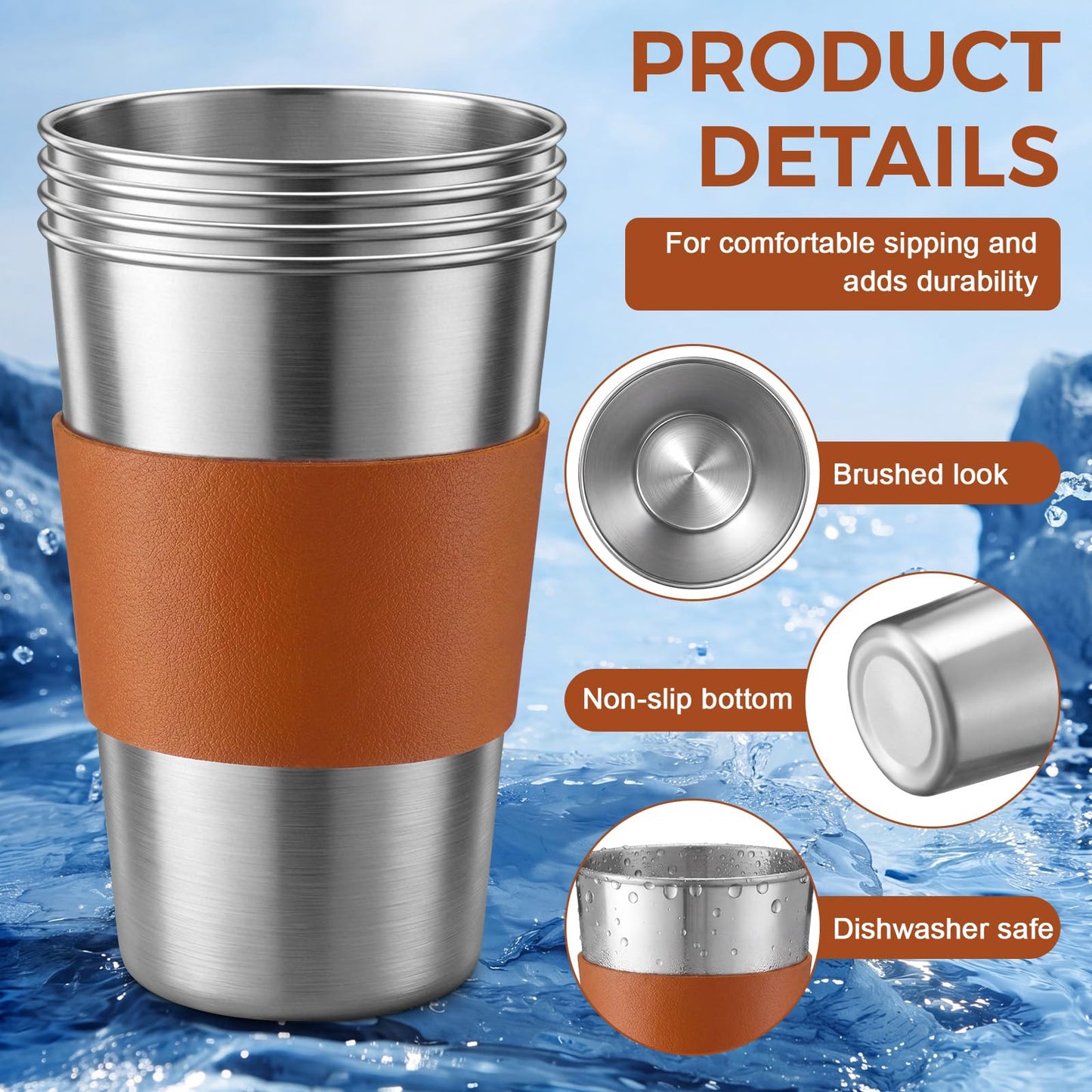 Mifoci 6 Pcs 16 oz Stainless Steel Pint Cups with PU Leather Sleeves Stainless Steel Cups Unbreakable Metal Cup Tumblers Stackable Drinking Glasses for Bar, Home, Restaurant, Travel, Camping