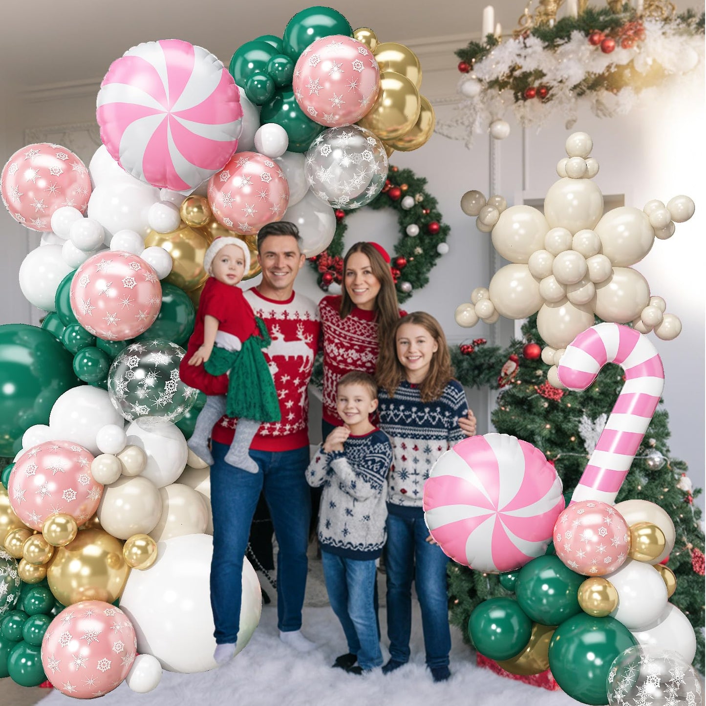 Froova Christmas Decorations Balloons Arch Kit 114Pcs Green White Apricot Transparent Snowflake Balloons Garland, Gingerbread Man Candy Cane Windmill Foil Balloon for Winter Holiday Xmas Supplies
