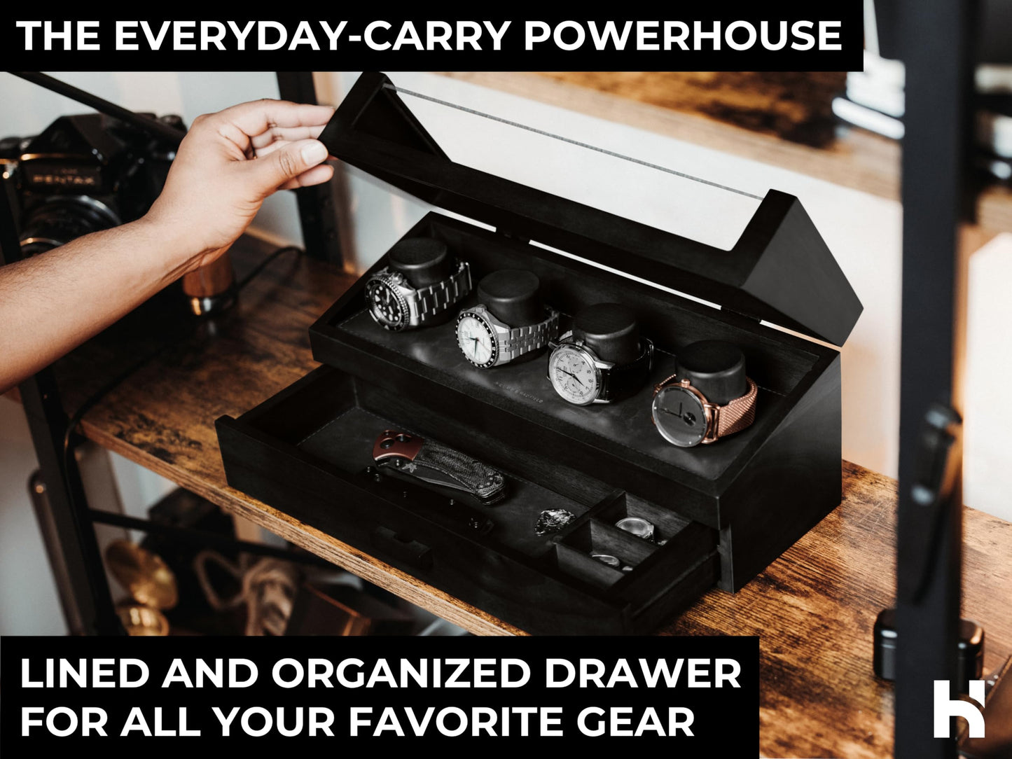 Premium 4 Slot Watch Box for Men (2026 Upgraded) – Wooden Watch Display Case with Hinged Wood Cover, Leather Lining & Drawer – Watch Organizer Stand – Handcrafted Luxury Father's Day Present for Men
