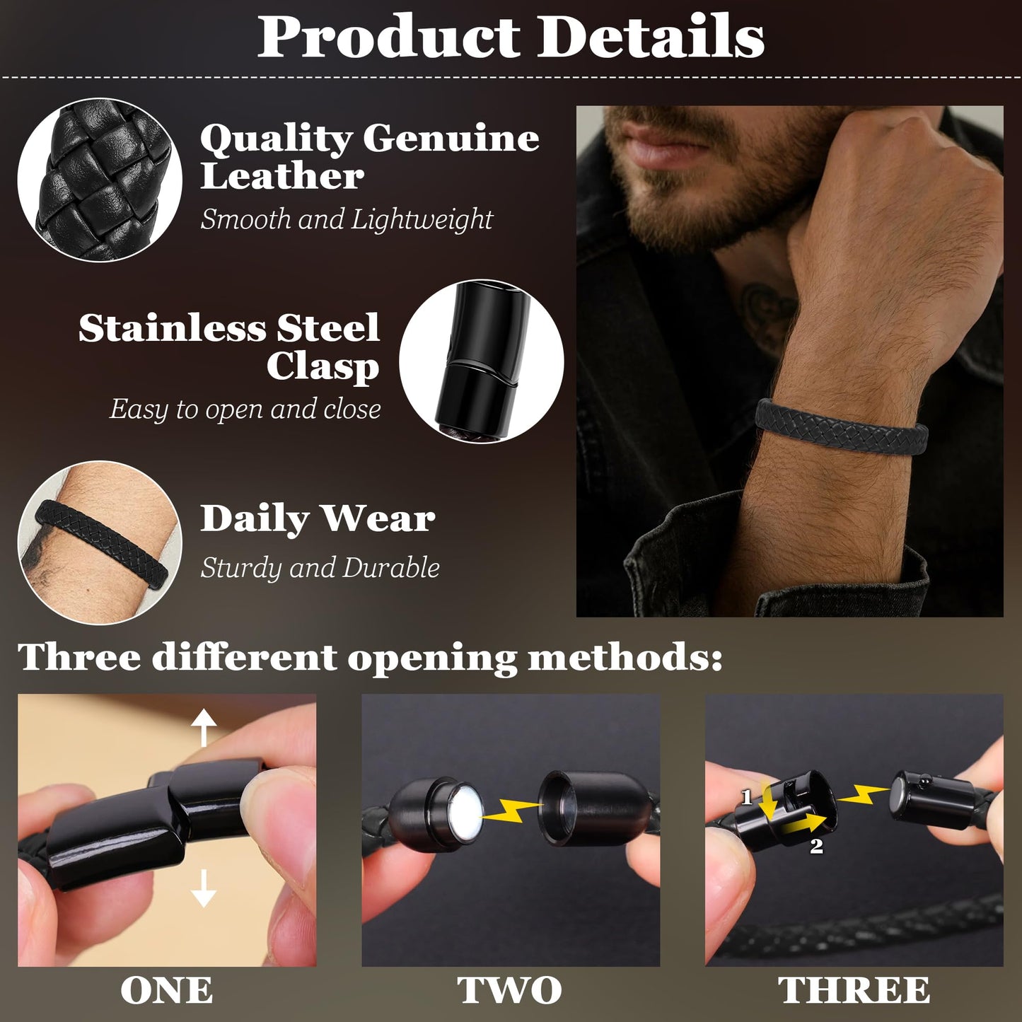 SOMEITIA 3Pcs Genuine Italian Braided Leather for Men Women Leather Wrist Cuff Bracelets Black Brown Stainless Steel Clasp Wrap Wristband Black 7.5 Inch