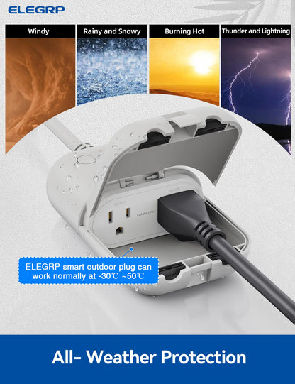 ELEGRP PQR20 Outdoor Smart Plug Waterproof IP66, WiFi Plug with 2 Individually Sockets, Compatible with Alexa & Google Assistant, Smart Outdoor Outlet for String Lights, UL Certified, 2 Pack, Black
