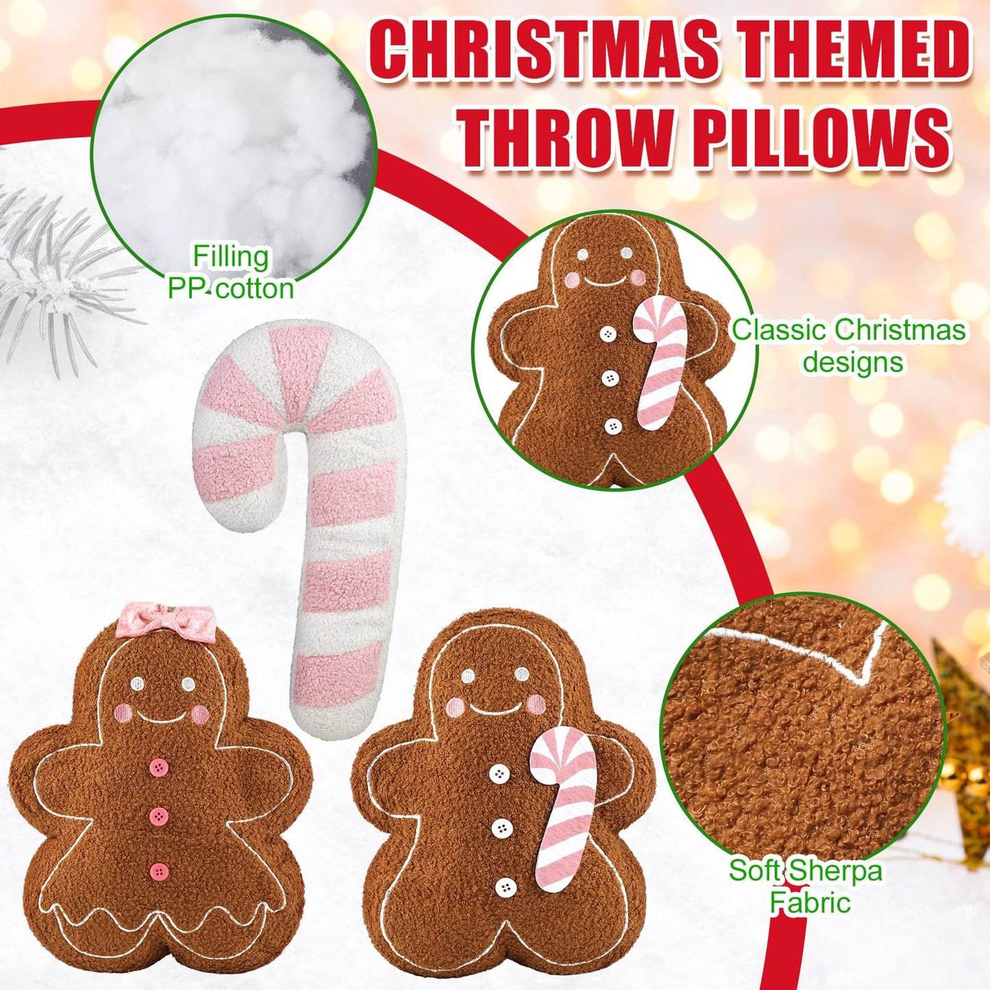 Oudain 3 Pcs Pink Christmas Gingerbread Pillows Pink Candy Cane House Man Throw Pillows Stuffed Gingerbread Shaped Pillow for Xmas Sofa Couch Cushion Bed Home Winter Party Decor
